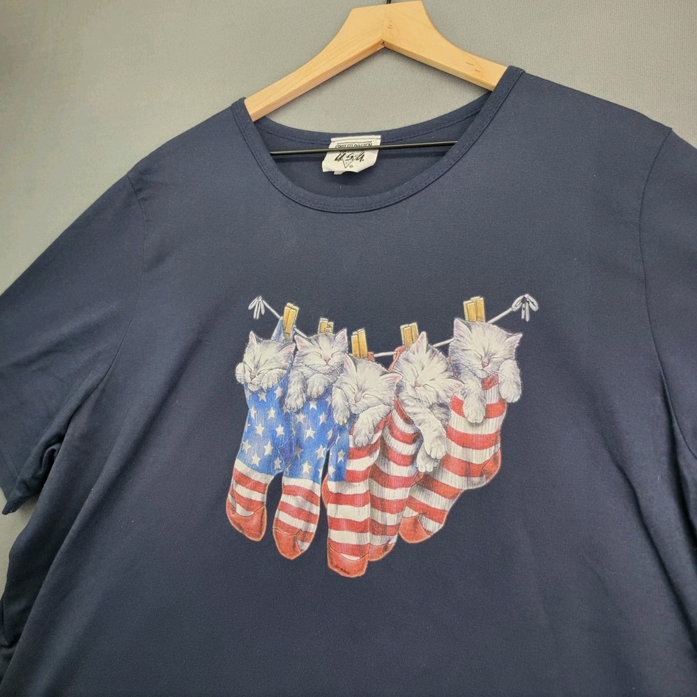 Vintage Spoiled Rotten USA Cat Shirt Womens 3X Navy Patriotic Kitten Graphic Tee